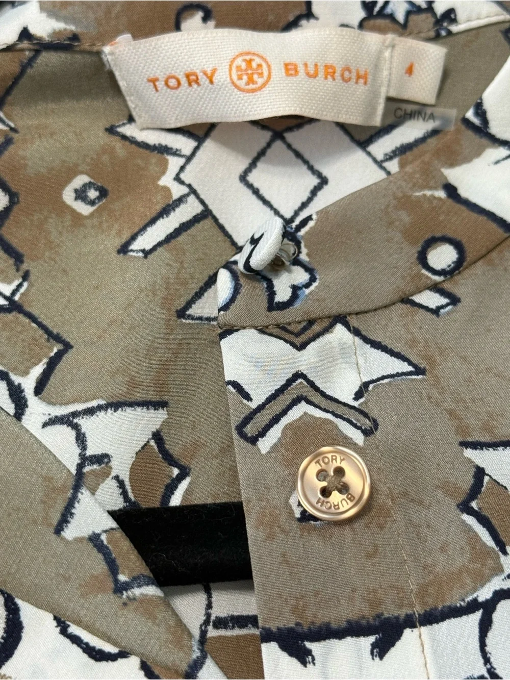 Tory Burch Silk Tie Neck Button Down Floral Tunic Blouse Taupe Cream Size 4